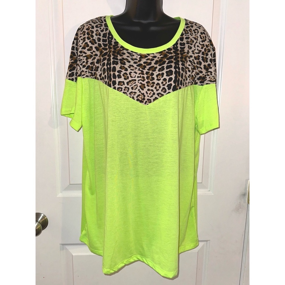 Grace & Emma neon lime green with leo print accents top